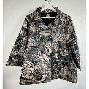 Chico's Womens Floral Abstract Print Rain Jacket Size 3 Black Beige Cotton Blend